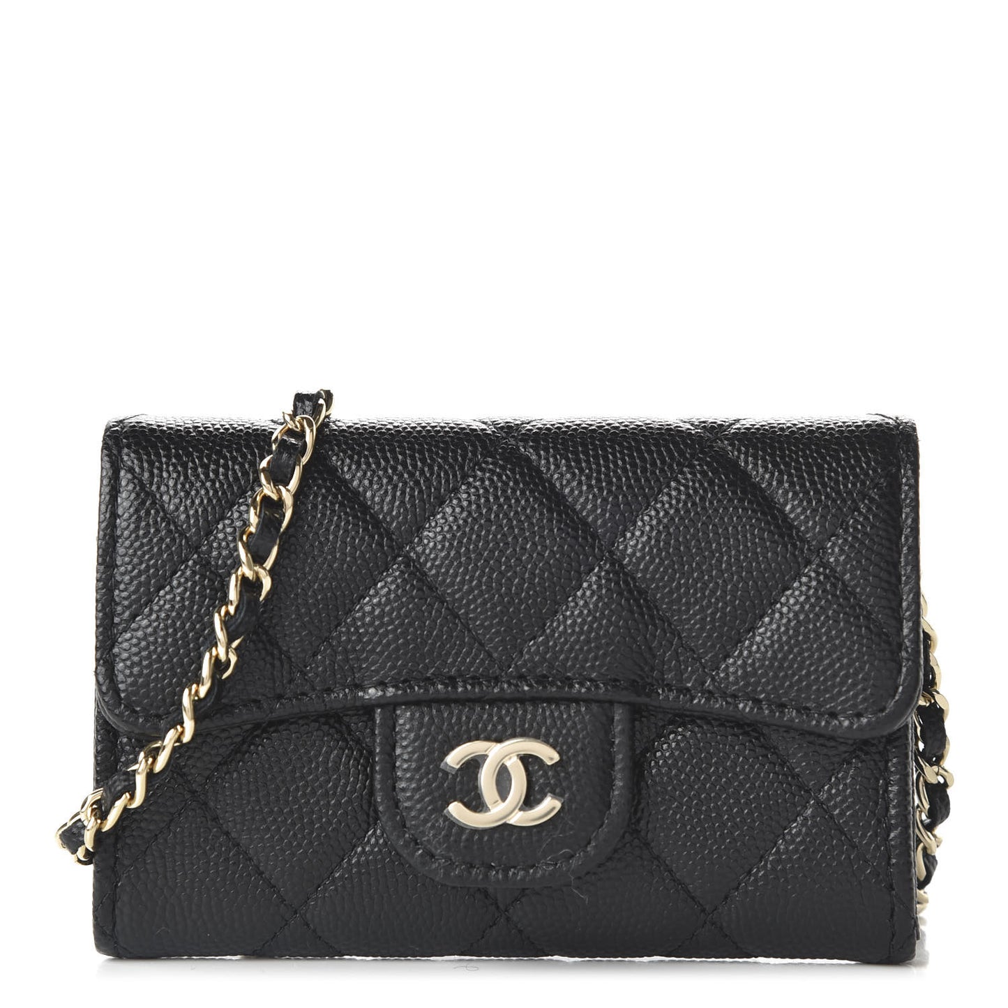 Caviar Quilted Flap Card Holder On Chain Black