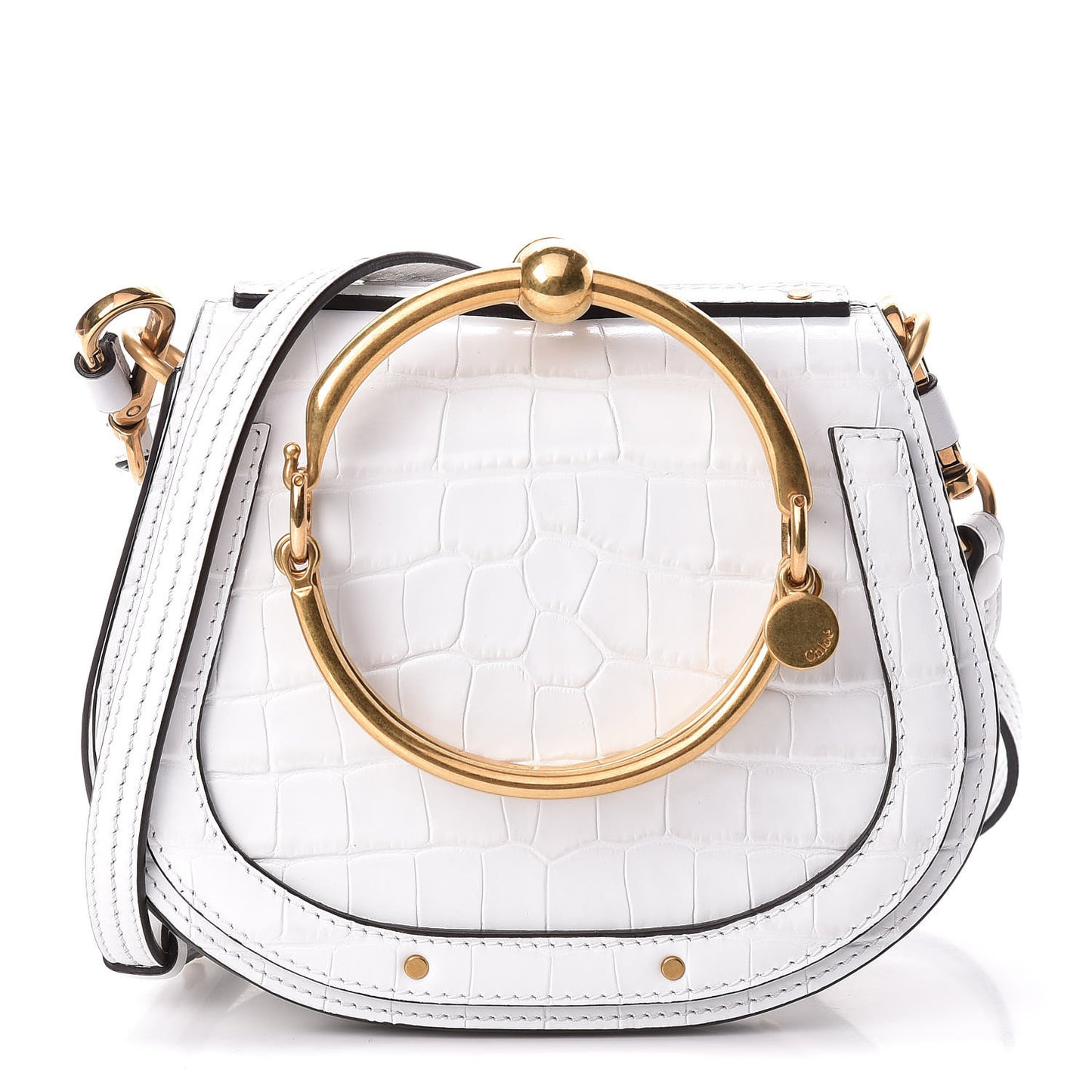 Suede Calfskin Crocodile Embossed Small Nile Bracelet Bag Brilliant White