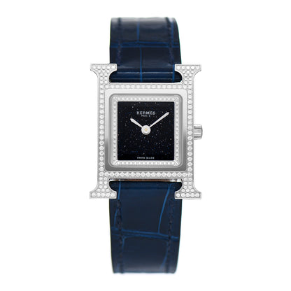 Hermes Stainless Steel Alligator Diamond Bezel Aventurine 21mm Heure H Hour Quartz Watch Bleu Saphir 1 of 5