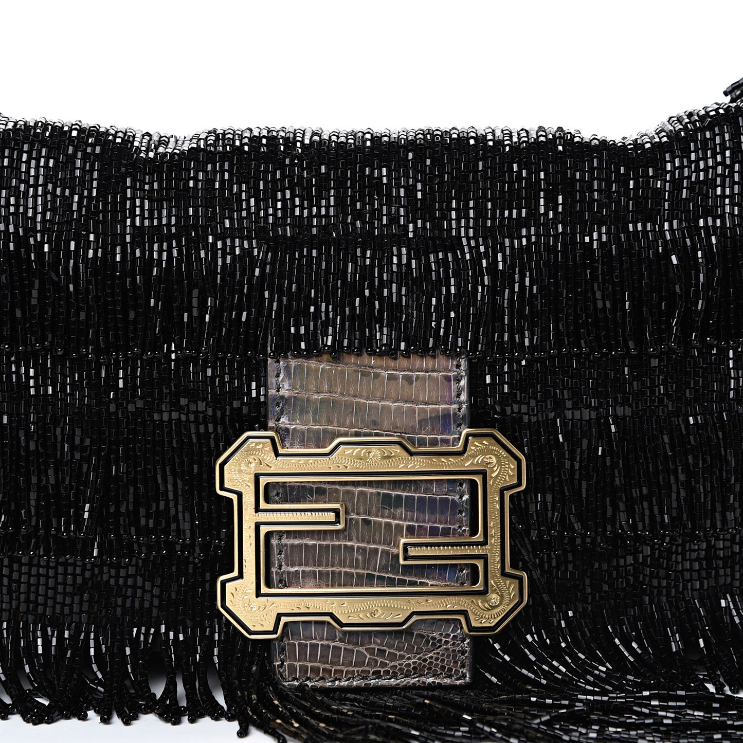 Lizard Beaded Fringe Baguette Black