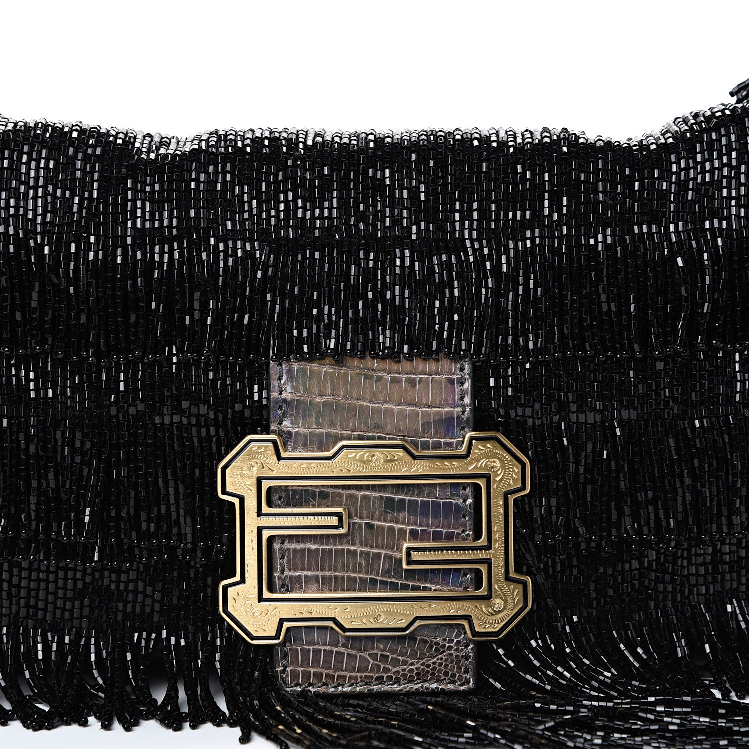 Fendi Lizard Beaded Fringe Baguette Black 7 of 13