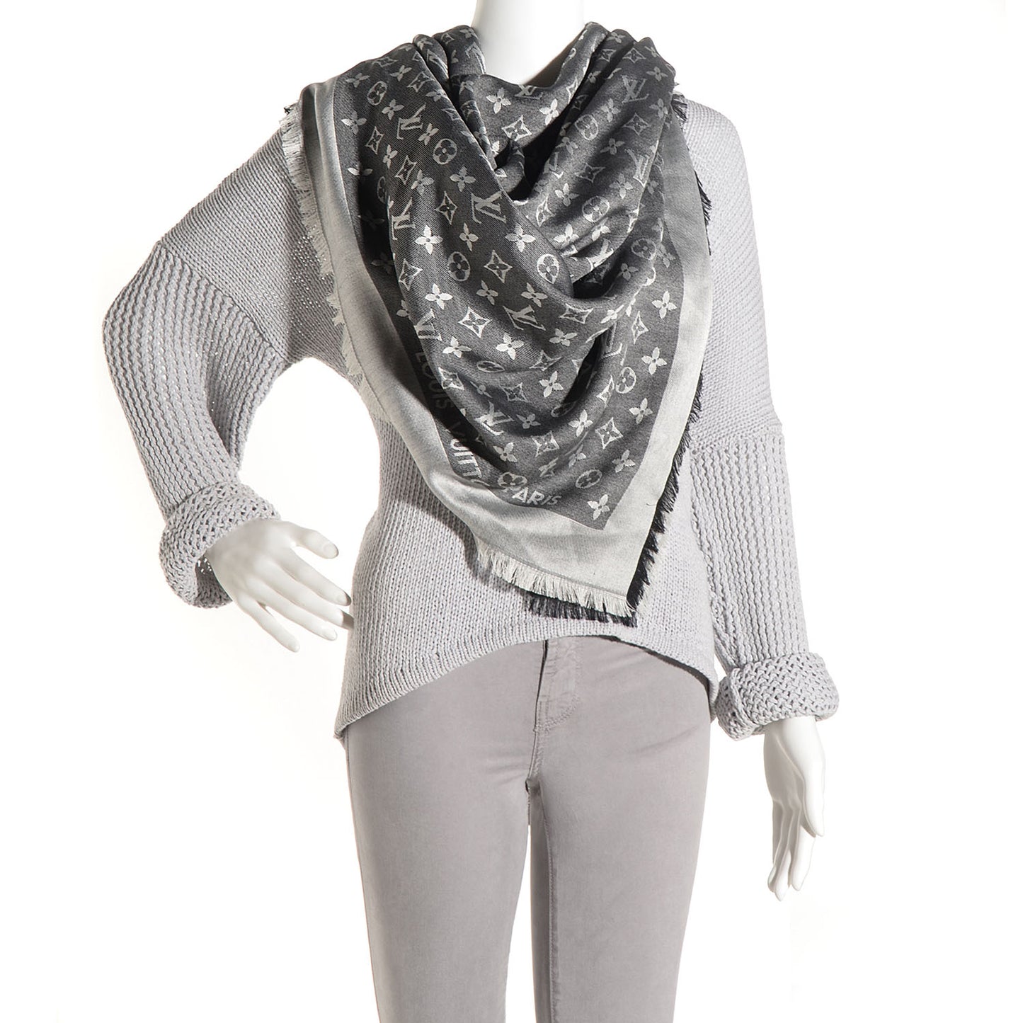 Wool Silk Monogram Denim Shawl Black