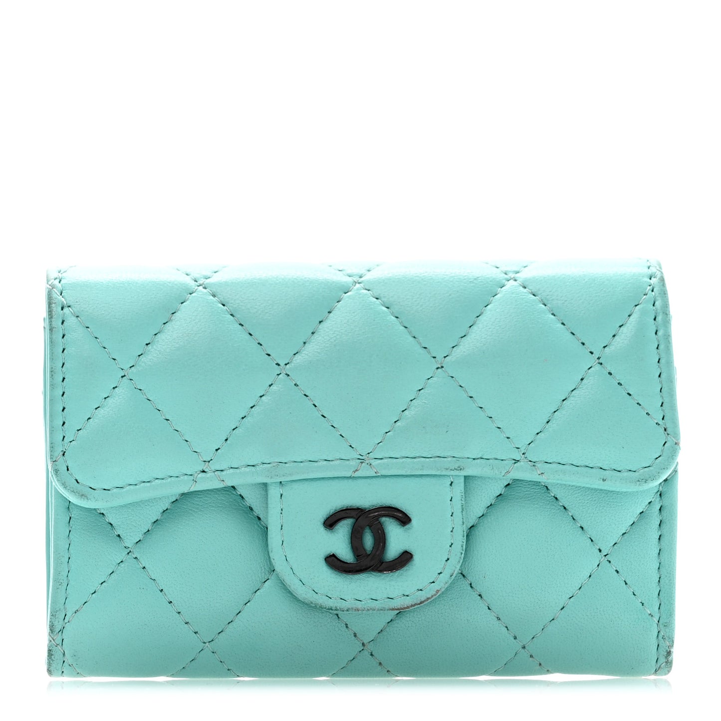 Lambskin Quilted Flap Card Holder Wallet Light Blue