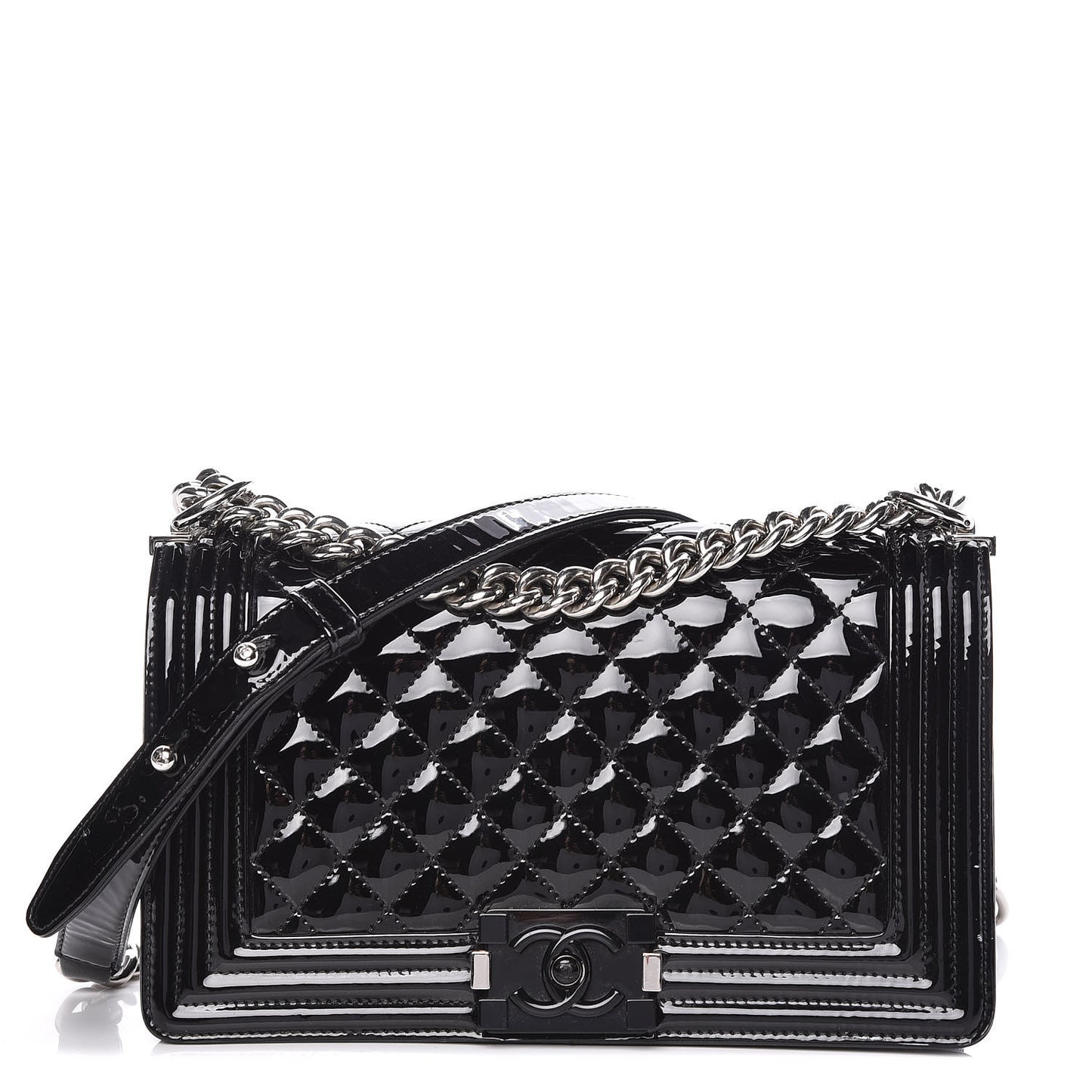 Patent Calfskin Quilted Medium Plexiglass Boy Flap Black