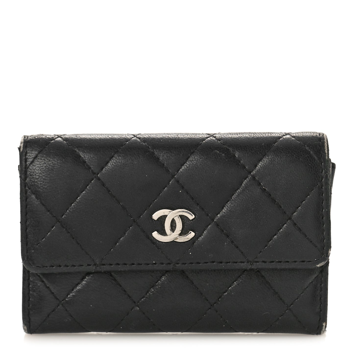 Lambskin Quilted Flap Card Holder Wallet Black