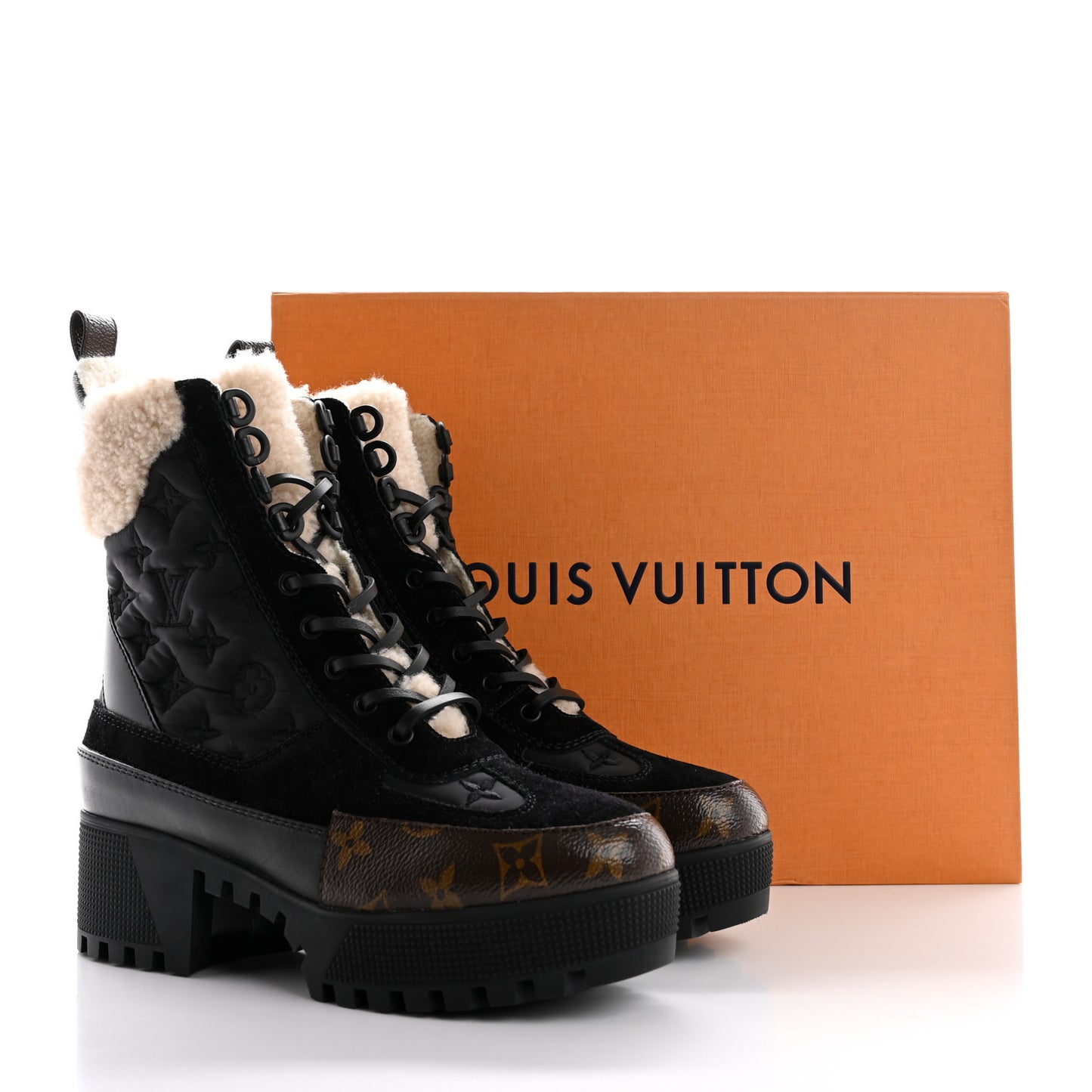 Nylon Suede Calfskin Shearling Monogram Laureate Platform Boots 38 Black
