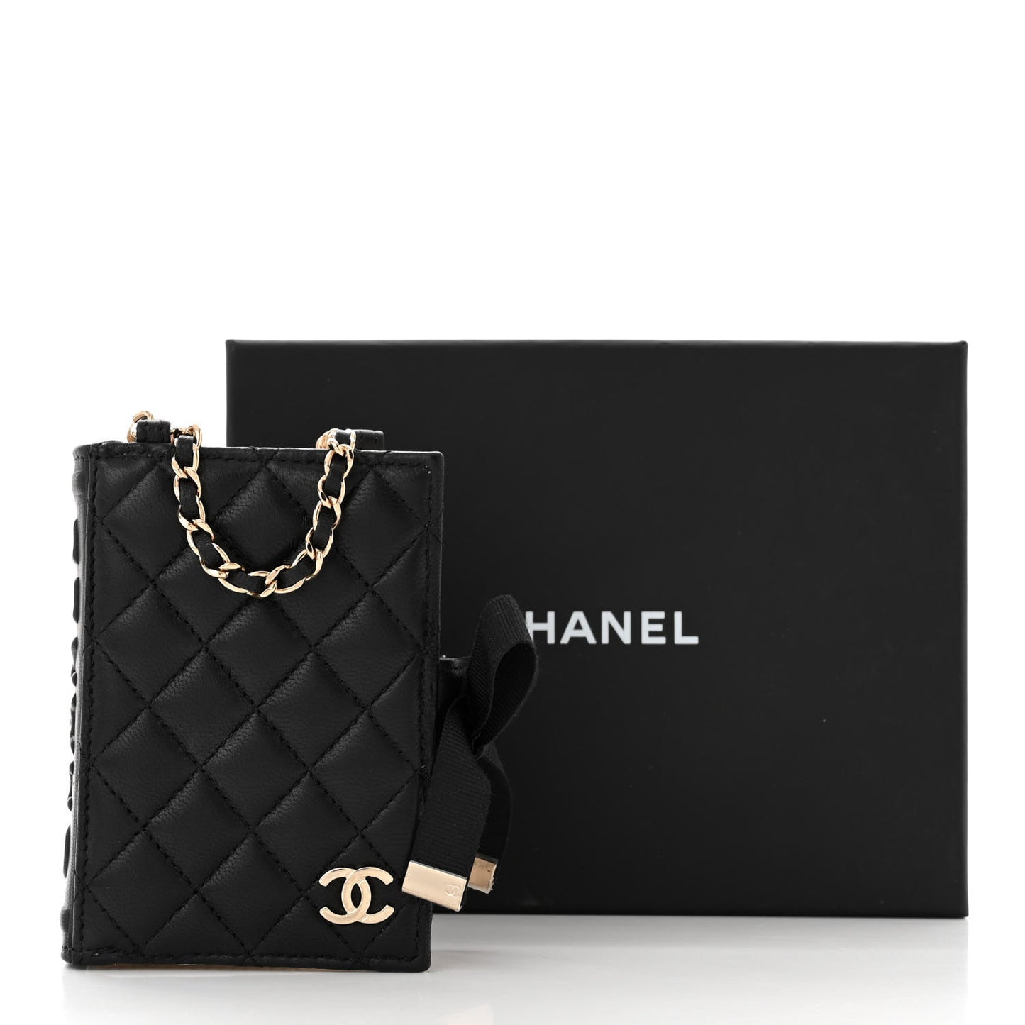 Lambskin Quilted Book Card Holder on Chain Black