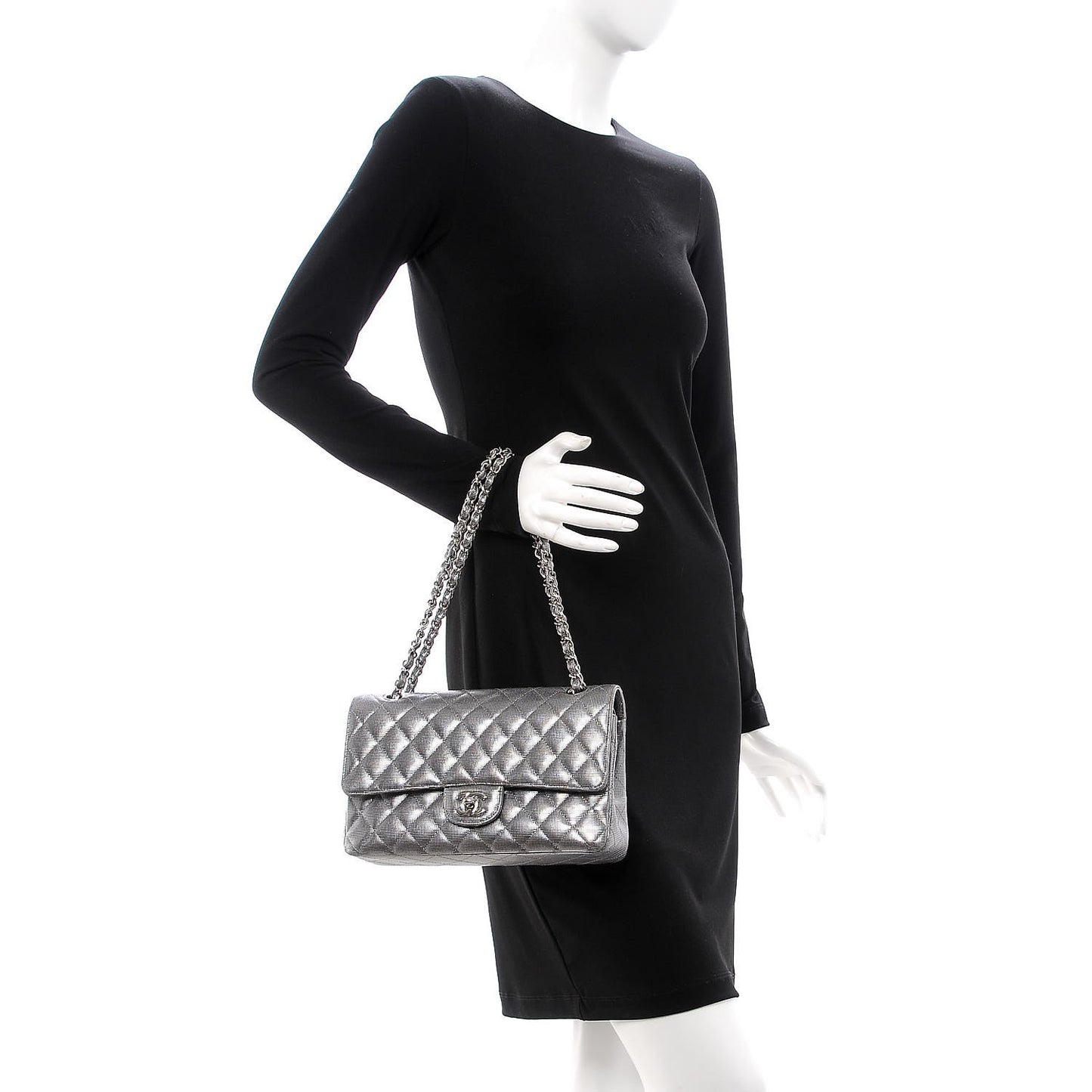 Calfskin Metallic Pixel Effect Medium Double Flap Silver