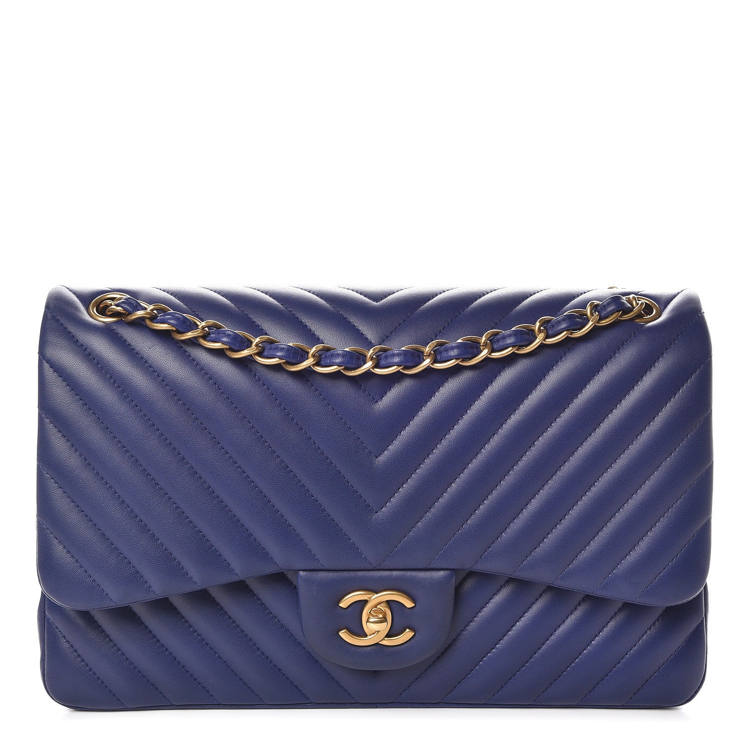 Chanel Lambskin Chevron Quilted Jumbo Double Flap Blue 1 of 18