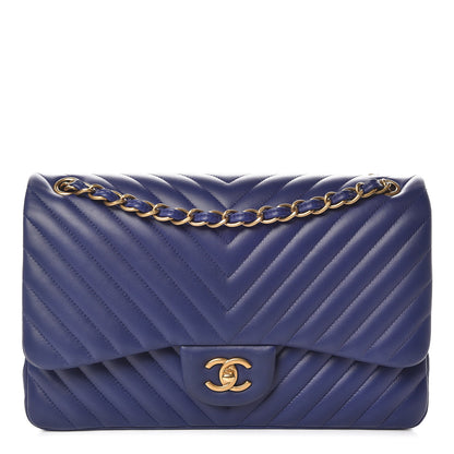 Chanel Lambskin Chevron Quilted Jumbo Double Flap Blue 1 of 18