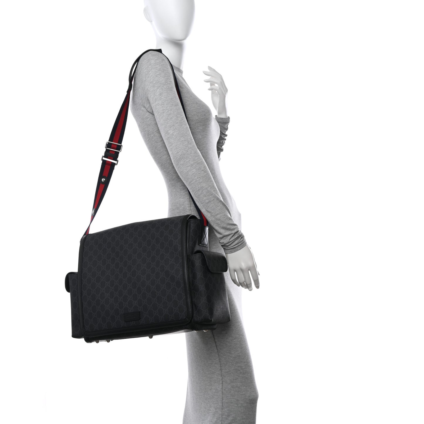 GG Supreme Monogram Web Messenger Diaper Bag Black Grey
