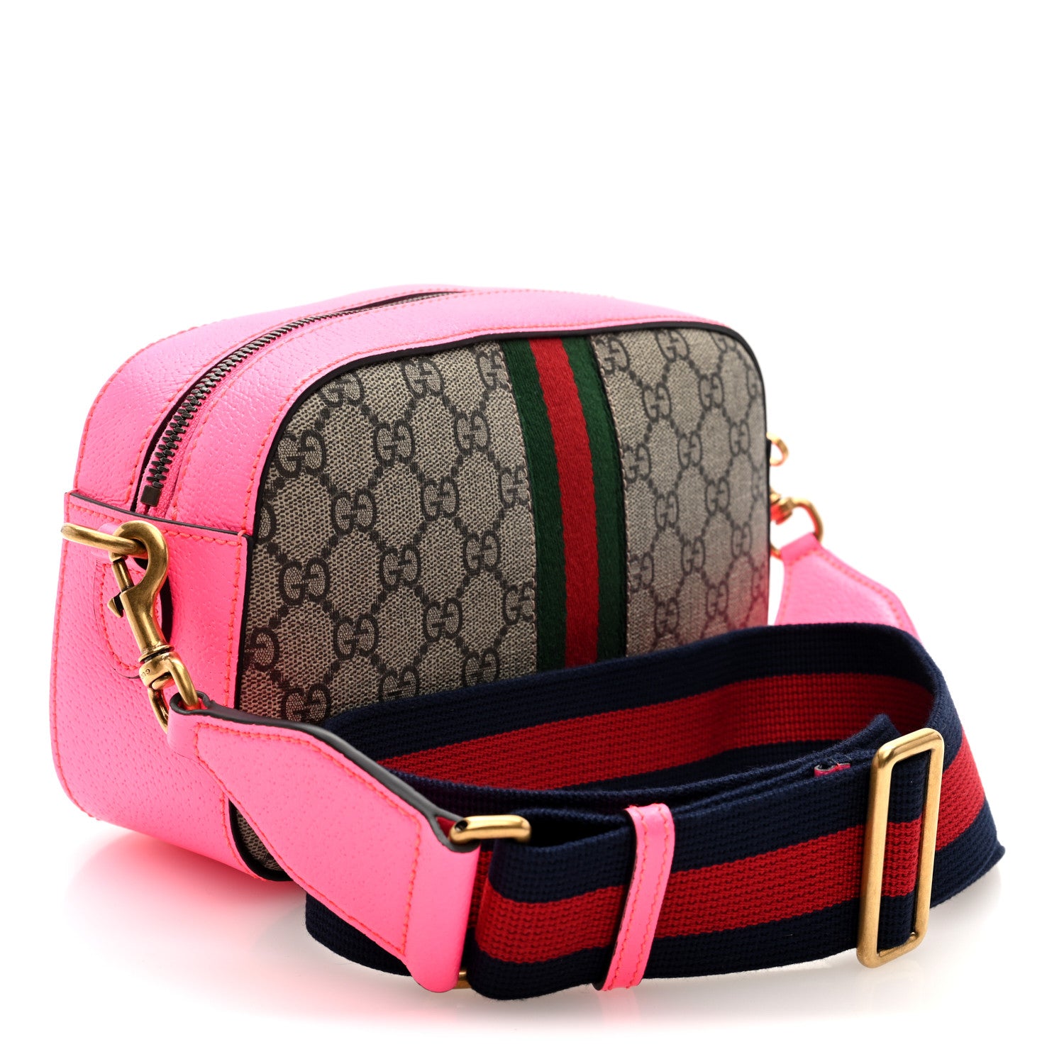Gucci GG Supreme Monogram Textured Dollar Calfskin Web Ophidia Small Crossbody Bag Beige Ebony Fuchsia 3 of 10