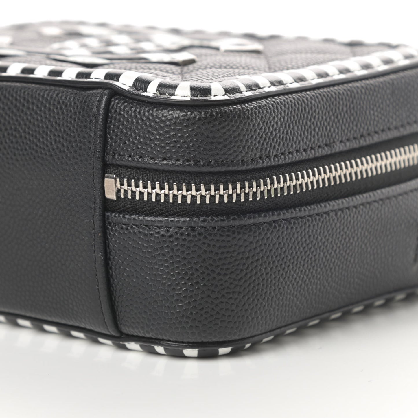 Caviar Quilted Striped Filigree Vanity Clutch With Chain Black White