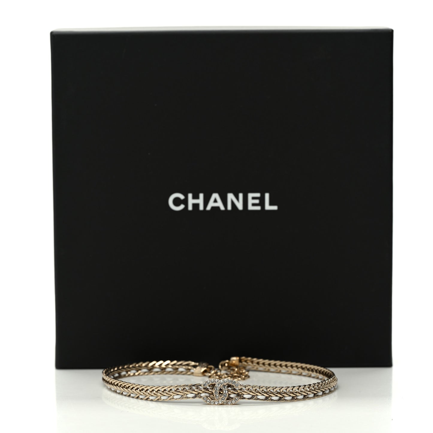 Metal Lambskin Crystal CC Choker Necklace Gold White