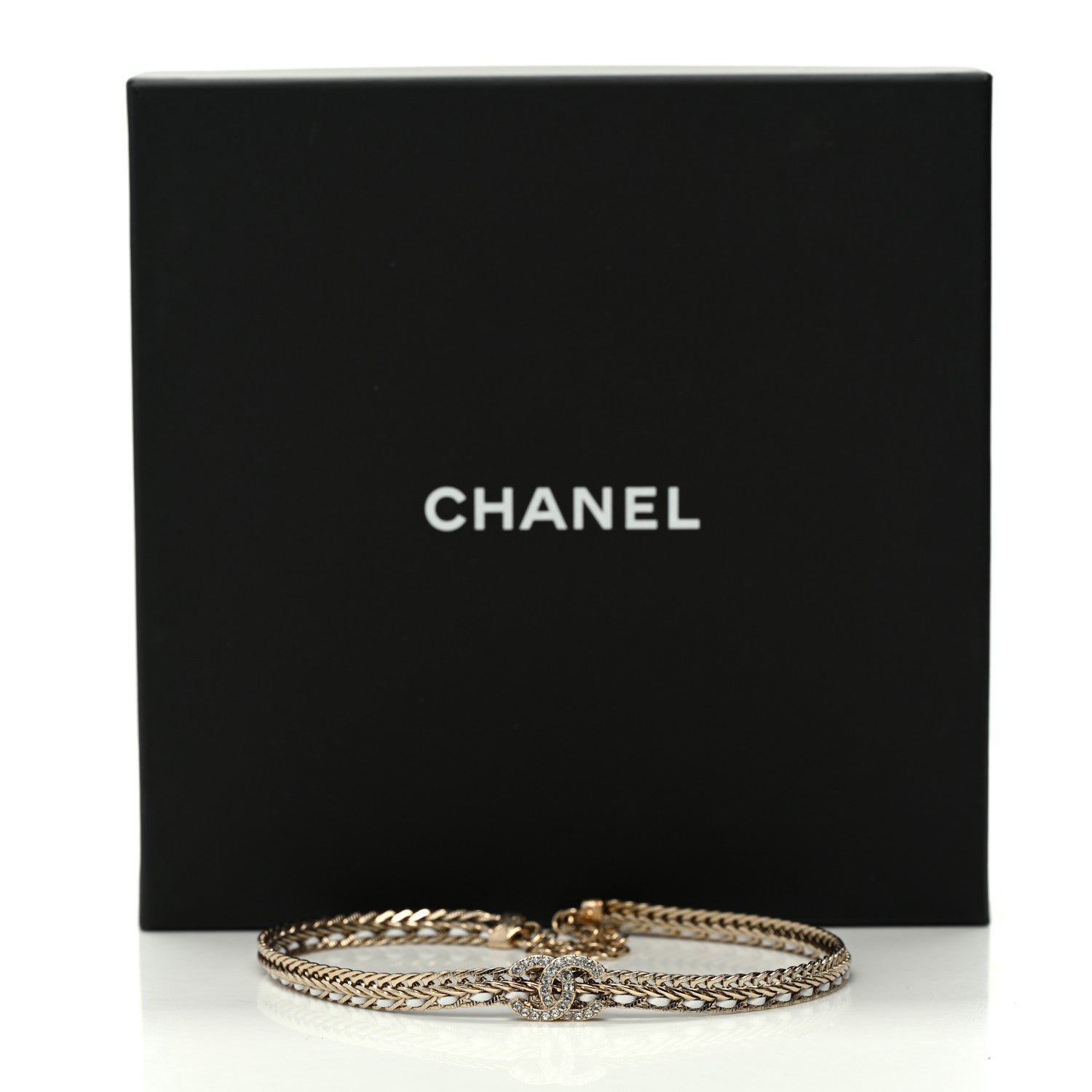 Chanel Metal Lambskin Crystal CC Choker Necklace Gold White 6 of 6