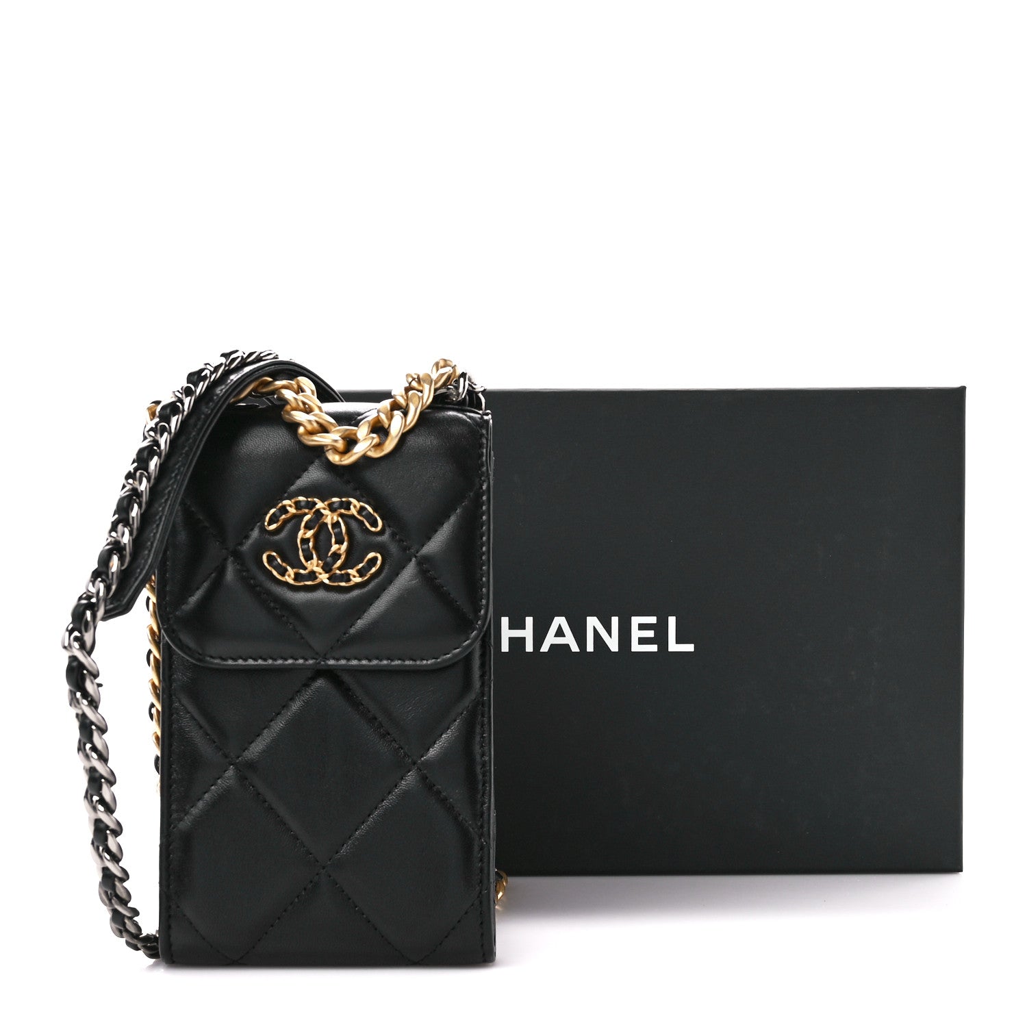 Chanel Lambskin Quilted Chanel 19 Phone Holder With Chain Black