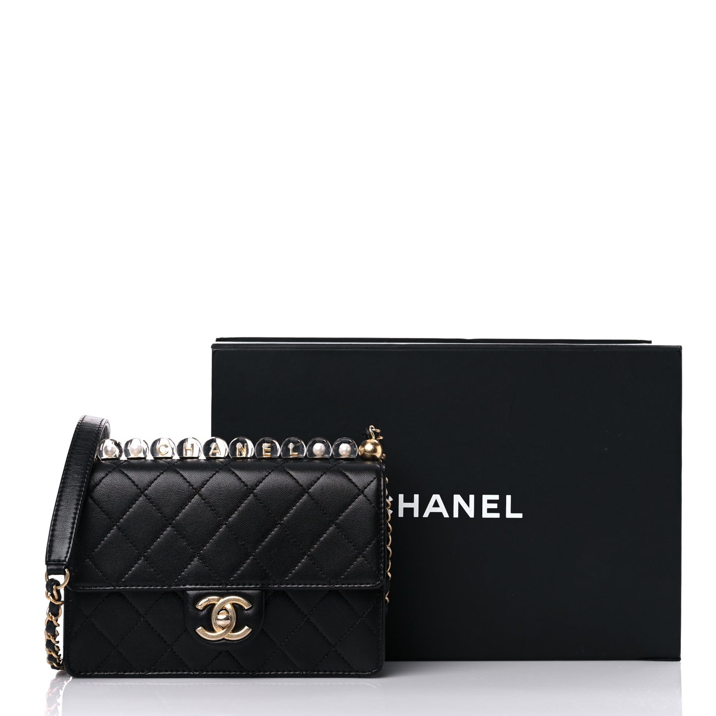 Goatskin Quilted Logo Small Chic Flap Black