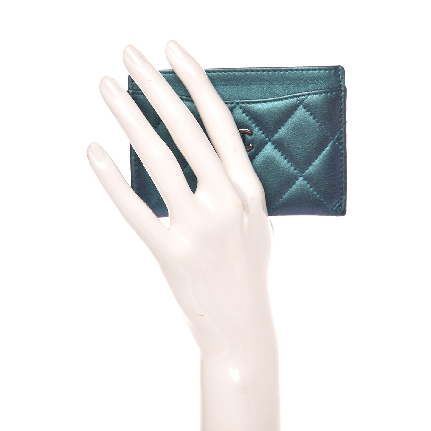 Metallic Lambskin Quilted Card Holder Turquoise