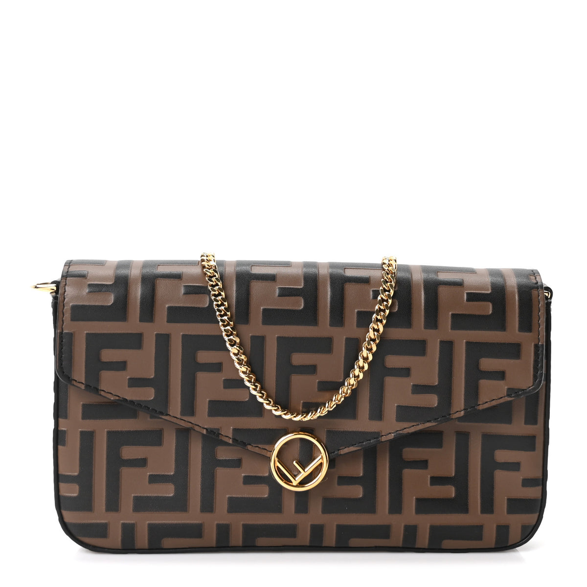 Vitello Soft F is Fendi Bi-Color FF 1974 Embossed Envelope Wallet On Chain with Pouches Maya Black