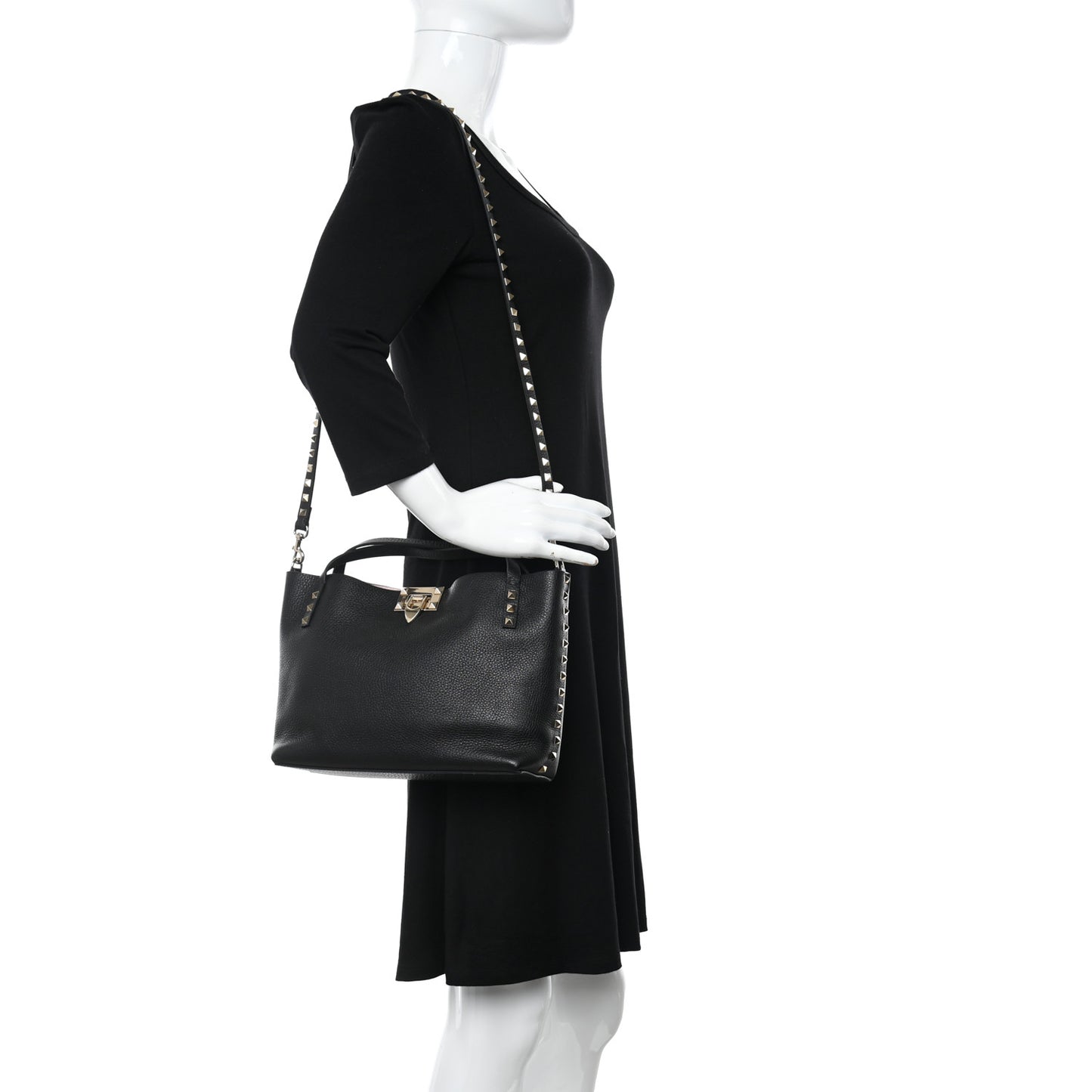 Grained Calfskin Small Rockstud Flip Lock Tote Black Rose Quartz