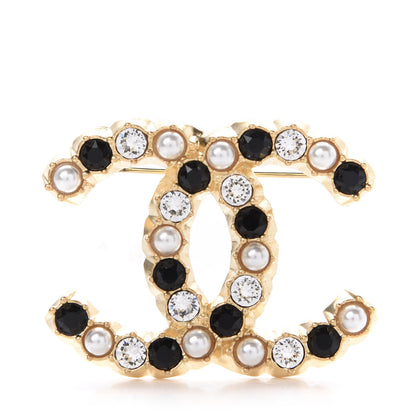 Chanel Pearl Crystal CC Brooch Black Gold 1 of 4