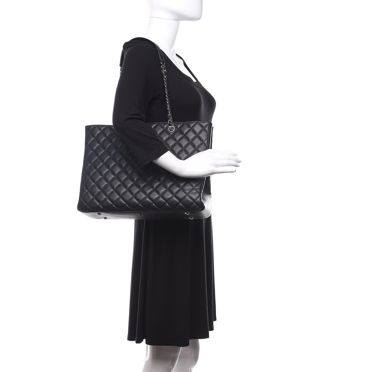 Calfskin Quilted Large CC Shopping Tote Black