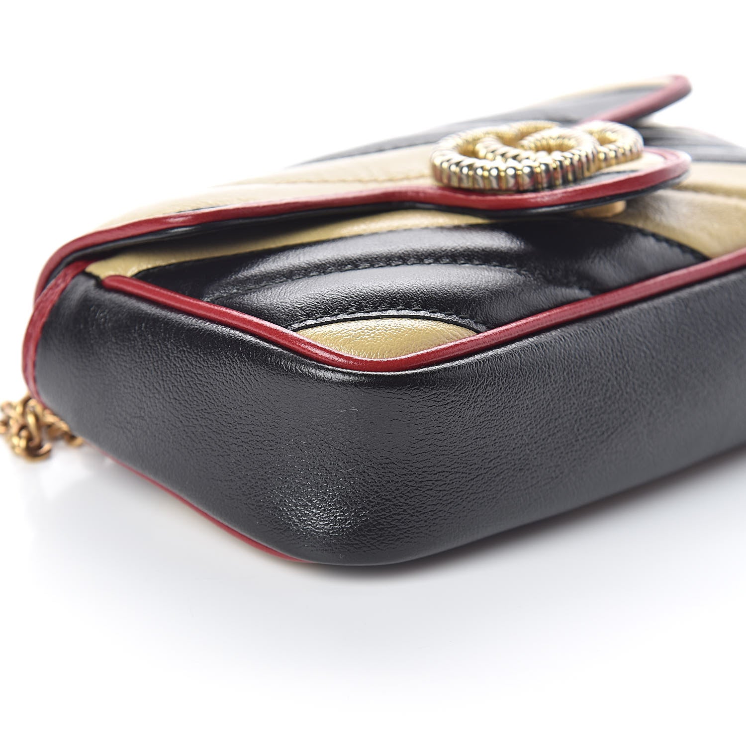 Gucci Vintage Effect Calfskin Matelasse Diagonal Striped Super Mini Torchon GG Marmont Shoulder Bag Black Beige 7 of 8