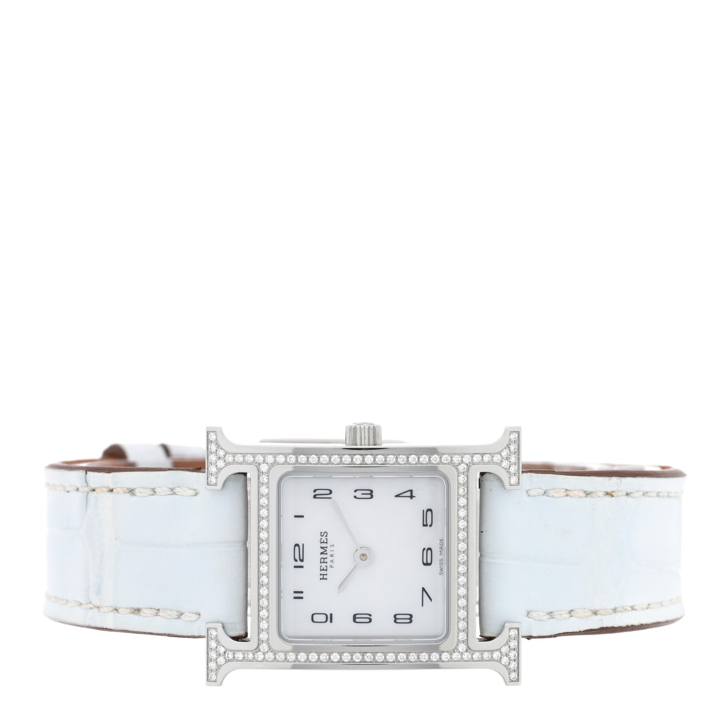 Stainless Steel Alligator Diamond Bezel Mother of Pearl 21mm Heure H Hour Quartz Watch Blanc