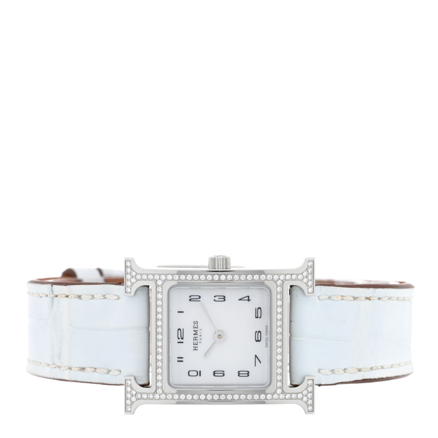 Hermes Stainless Steel Alligator Diamond Bezel Mother of Pearl 21mm Heure H Hour Quartz Watch Blanc 2 of 5