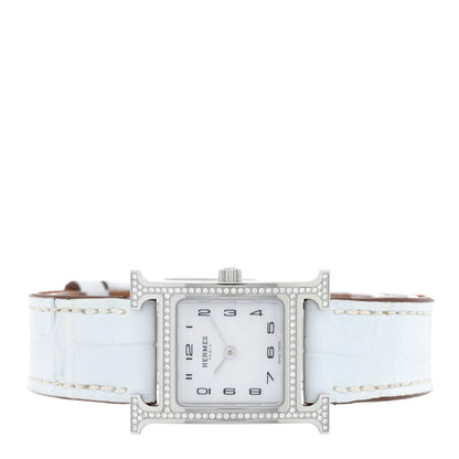 Hermes Stainless Steel Alligator Diamond Bezel Mother of Pearl 21mm Heure H Hour Quartz Watch Blanc 2 of 5
