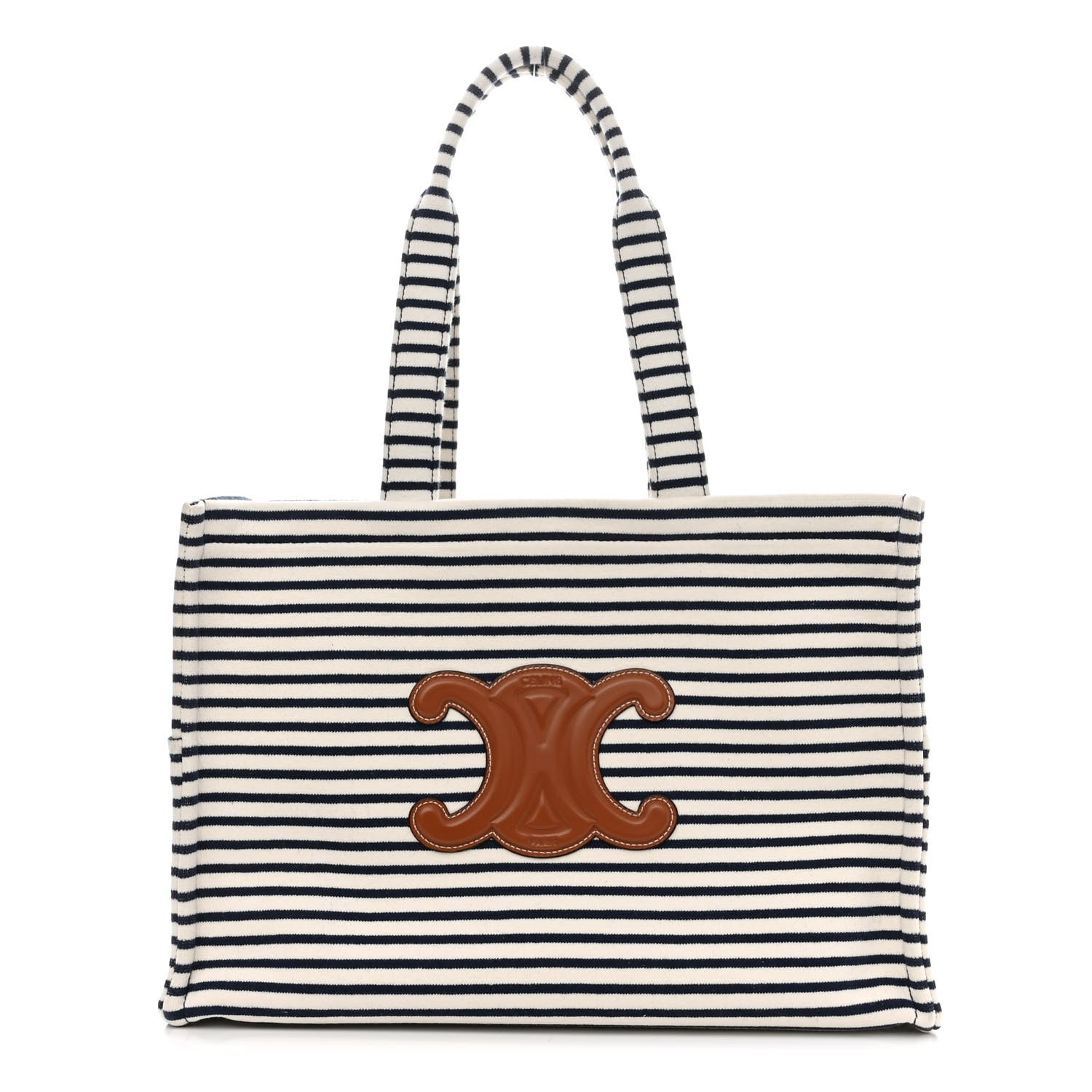 Celine Canvas Calfskin Striped Triomphe Cabas Navy 1 of 9