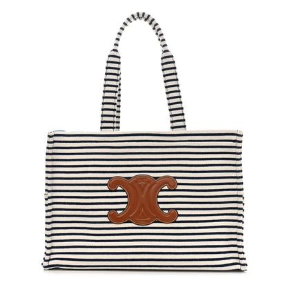 Celine Canvas Calfskin Striped Triomphe Cabas Navy 1 of 9