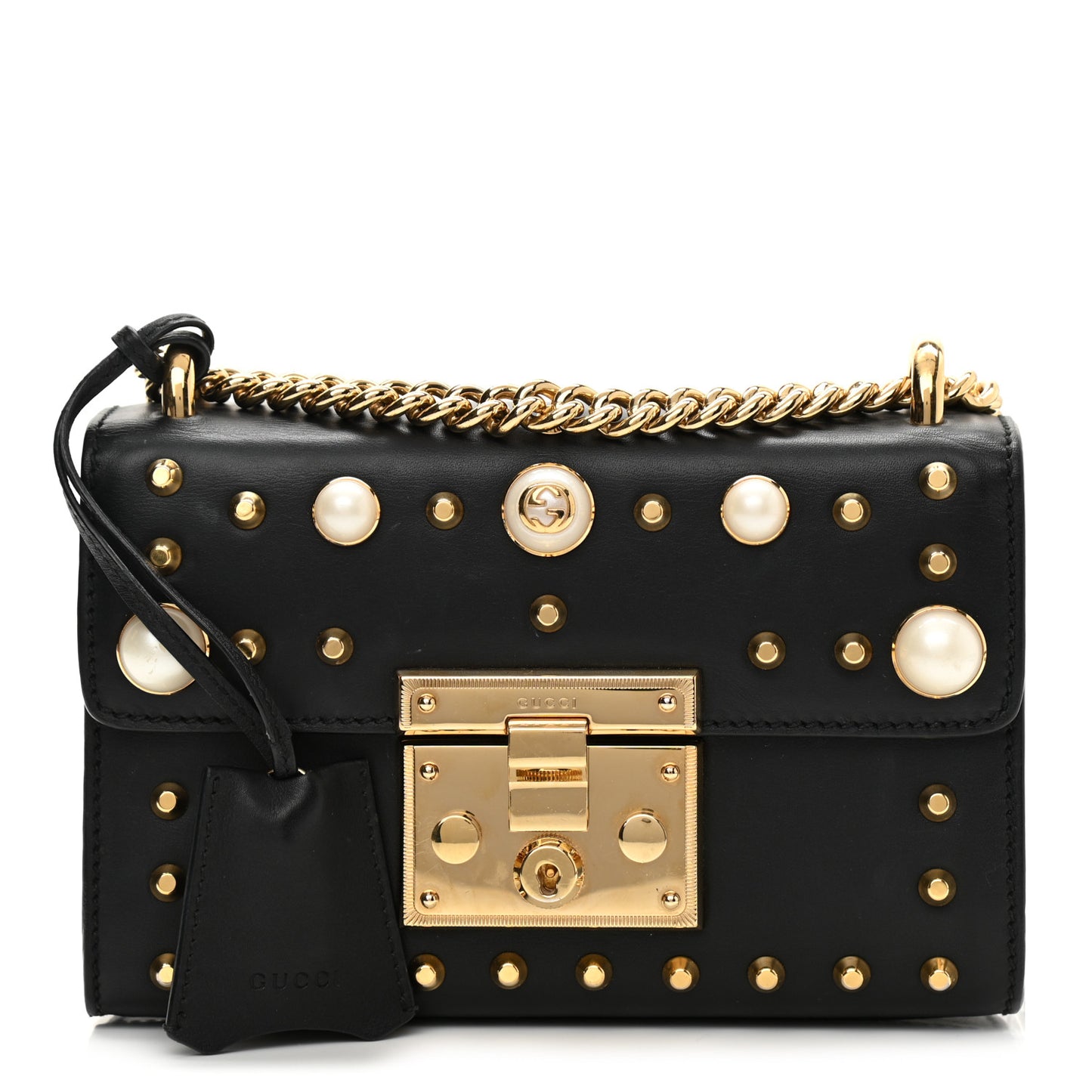 Calfskin Studded Small Padlock Shoulder Bag Black