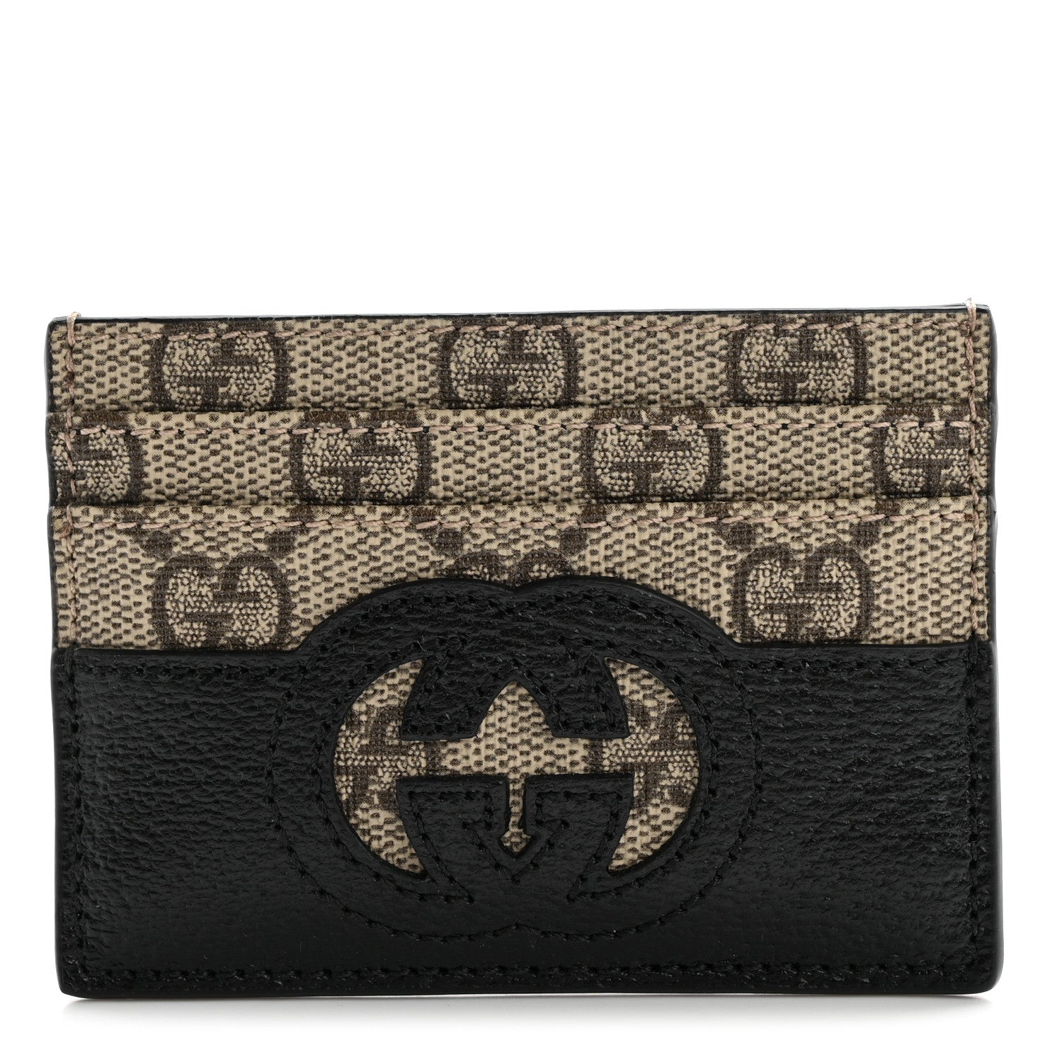 Gucci GG Supreme Monogram Textured Dollar Calfskin New Basket Card Holder Black Beige Ebony 1 of 8