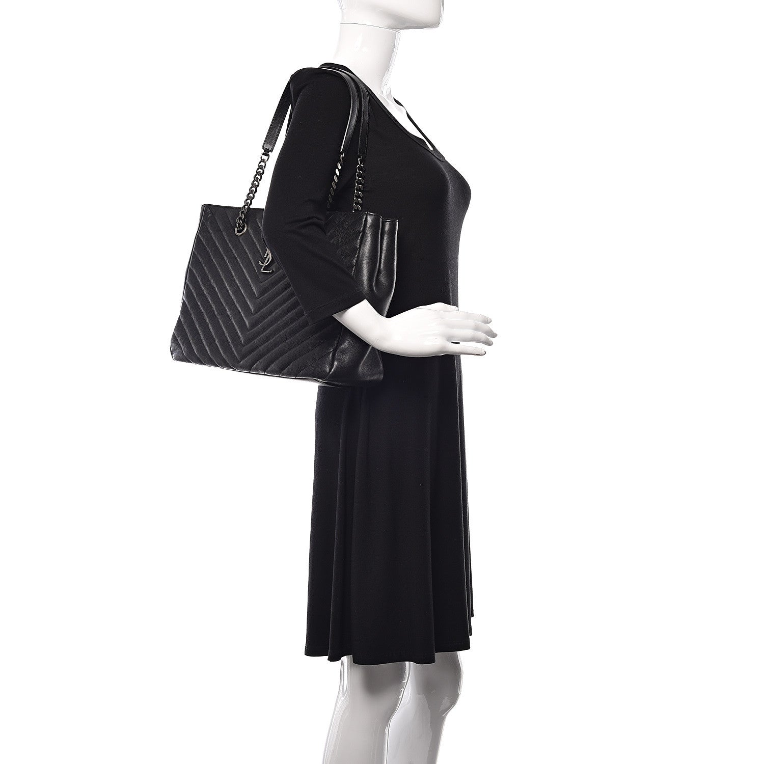 Saint Laurent Sheepskin Matelasse Chevron Large Monogram Shopping Bag Black 2 of 10