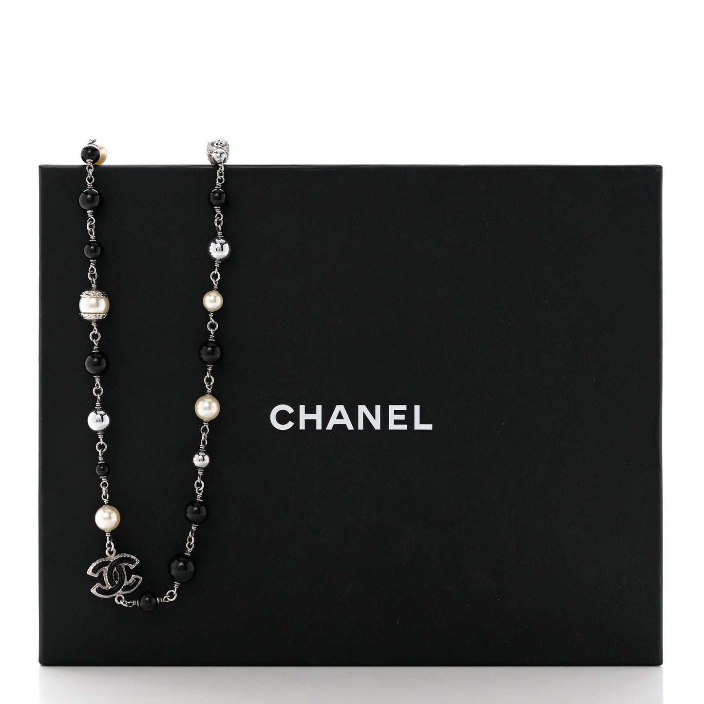 Pearl Bead Enamel CC Baroque Long Necklace Black Gold