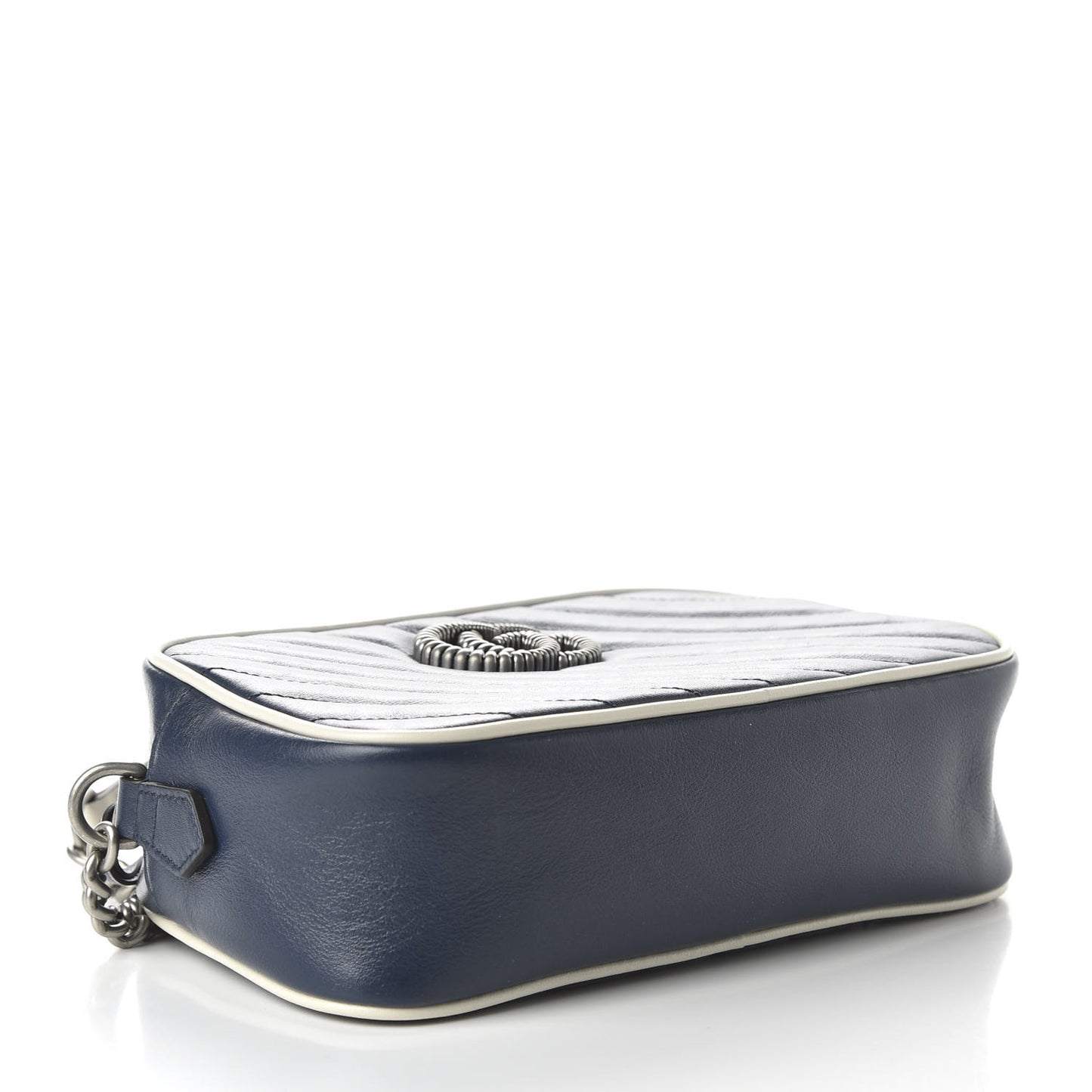 Vintage Effect Calfskin Matelasse Diagonal Small Torchon GG Marmont Chain Shoulder Bag Blue Agata Mystic White