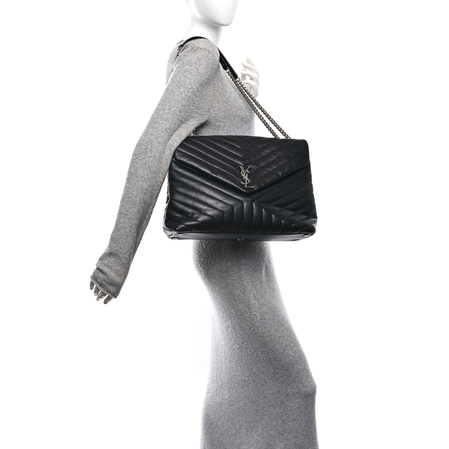 Calfskin Y Quilted Monogram Large Loulou Chain Satchel Black
