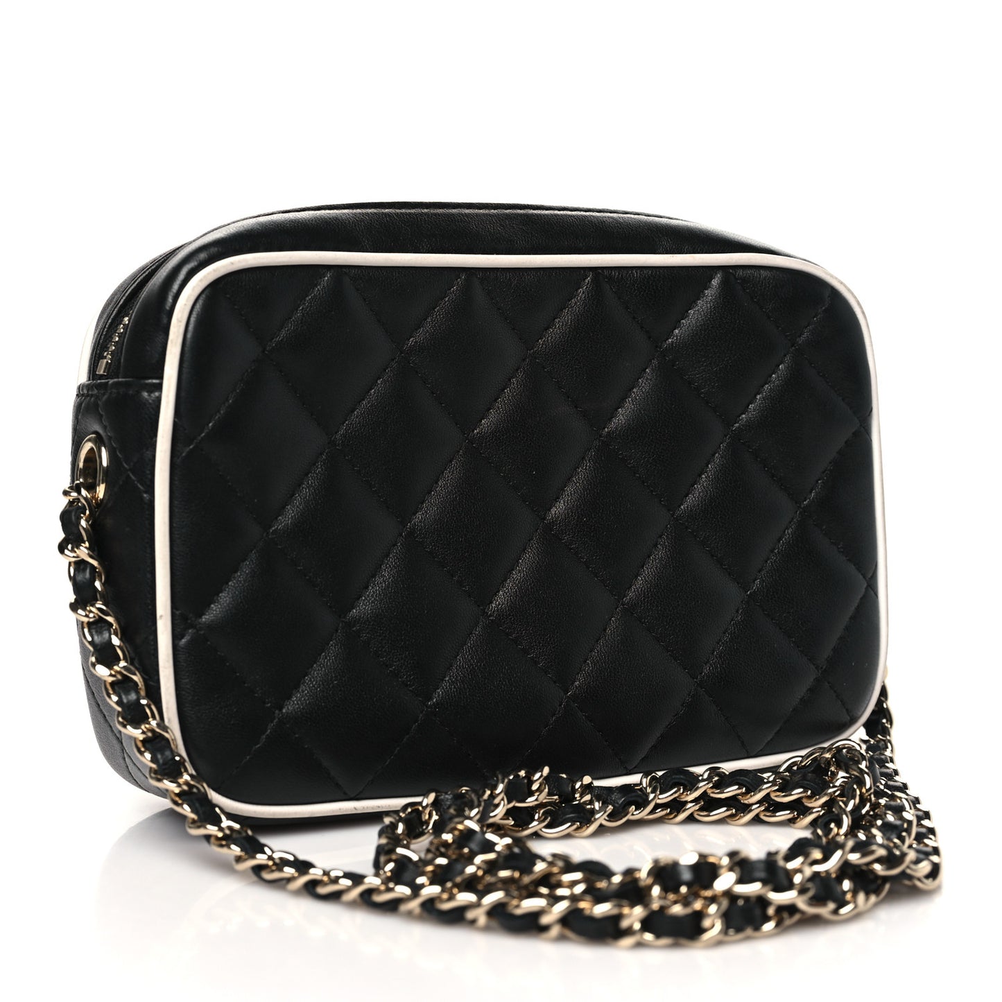 Lambskin Resin Quilted Chain Camera Bag Black White