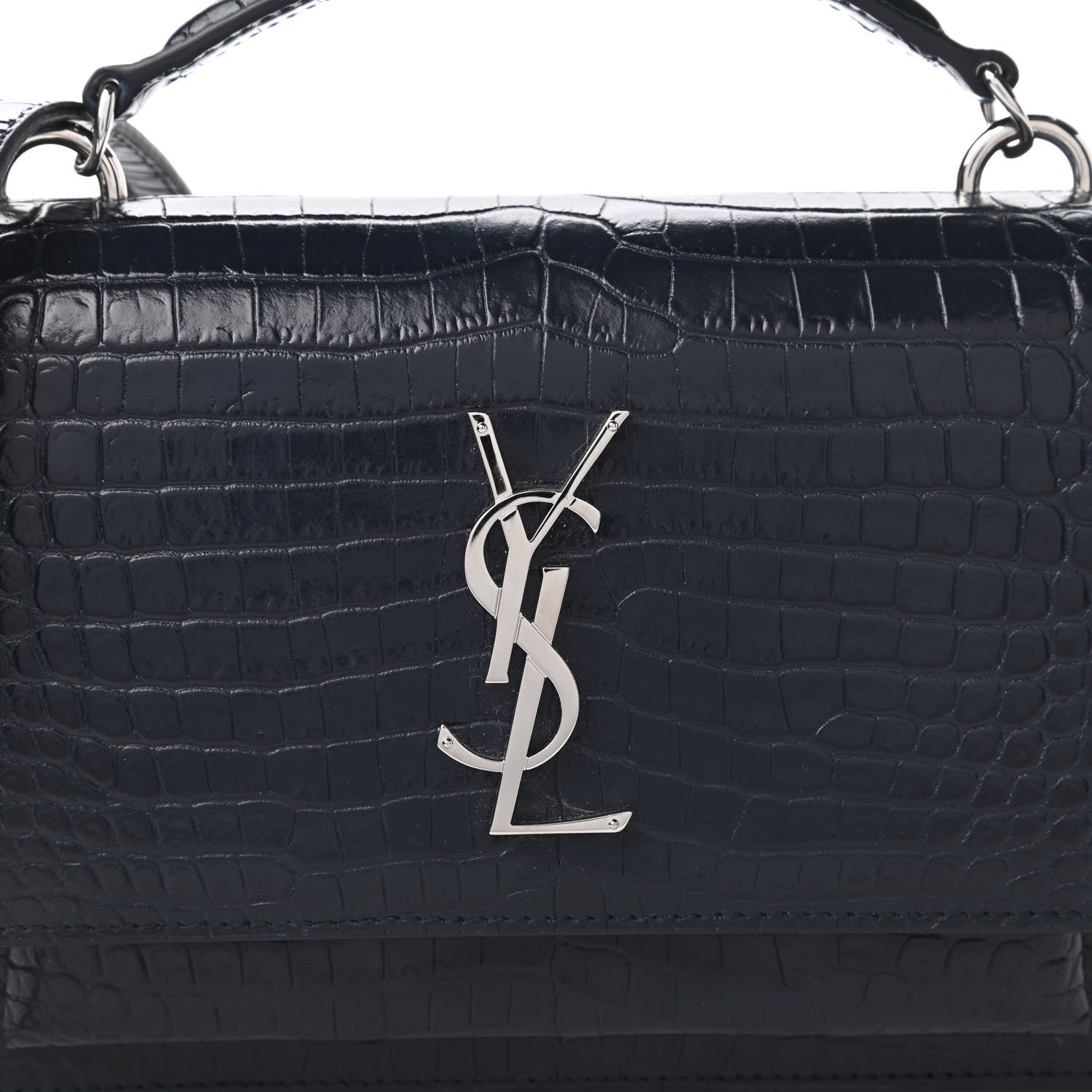 Saint Laurent Calfskin Crocodile Embossed Monogram Sunset Chain Wallet Navy 9 of 10