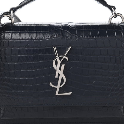 Saint Laurent Calfskin Crocodile Embossed Monogram Sunset Chain Wallet Navy 9 of 10