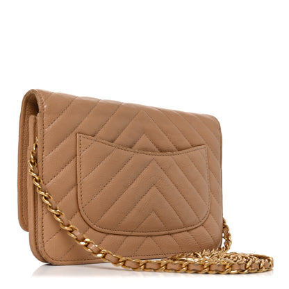 Chanel Calfskin Chevron Quilted Wallet On Chain WOC Beige 2 of 10