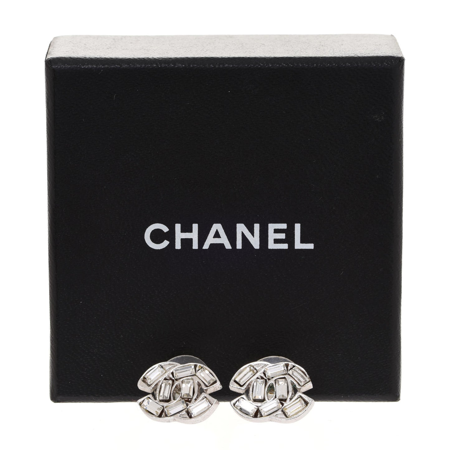 Crystal Baguette CC Earrings Silver Grey