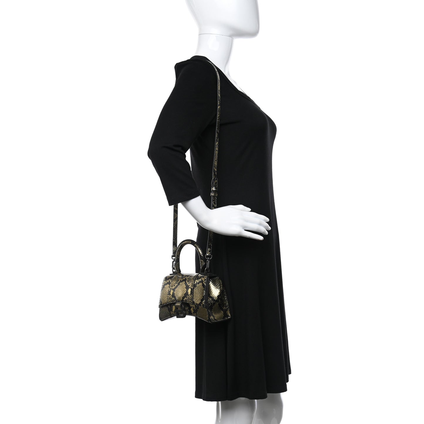 Shiny Calfskin Snakeskin Embossed Hourglass Top Handle Bag XS Gold Black