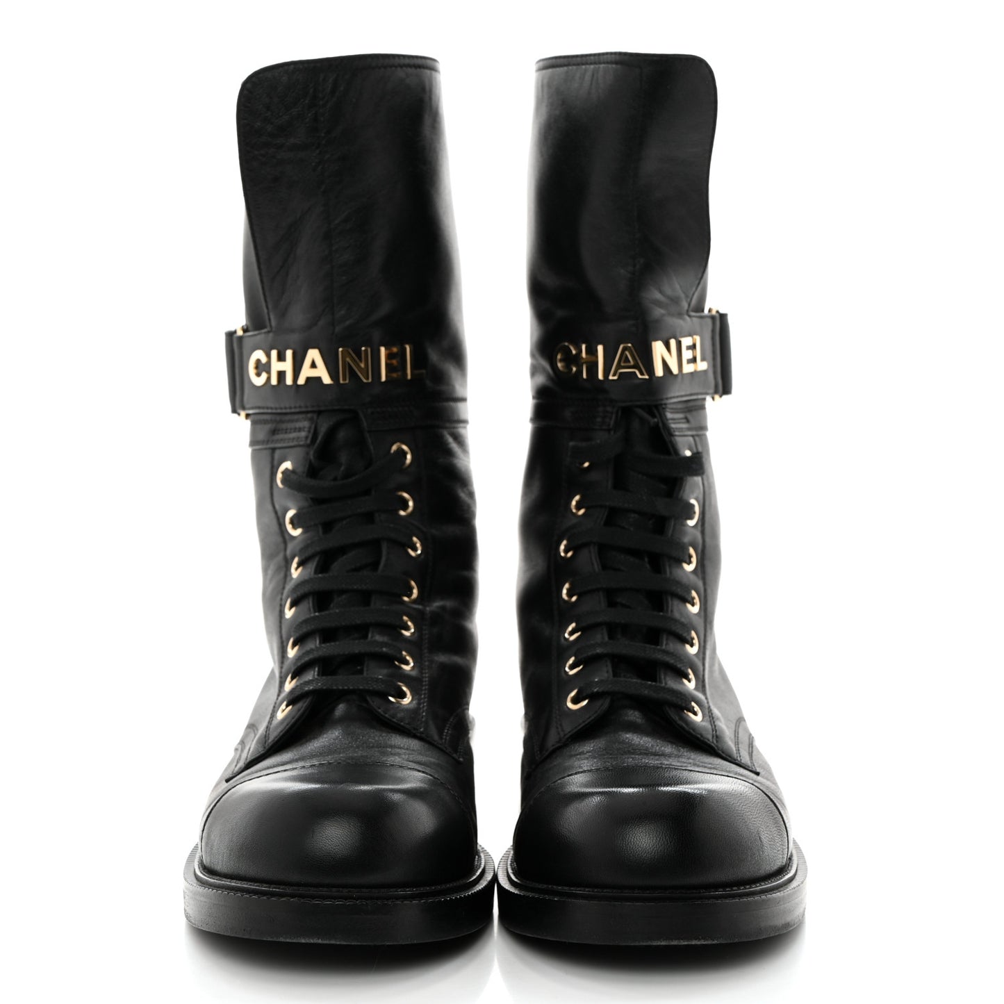 Shiny Calfskin Lace Up Combat Boots 41 Black