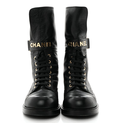 Chanel Shiny Calfskin Lace Up Combat Boots 41 Black 2 of 8