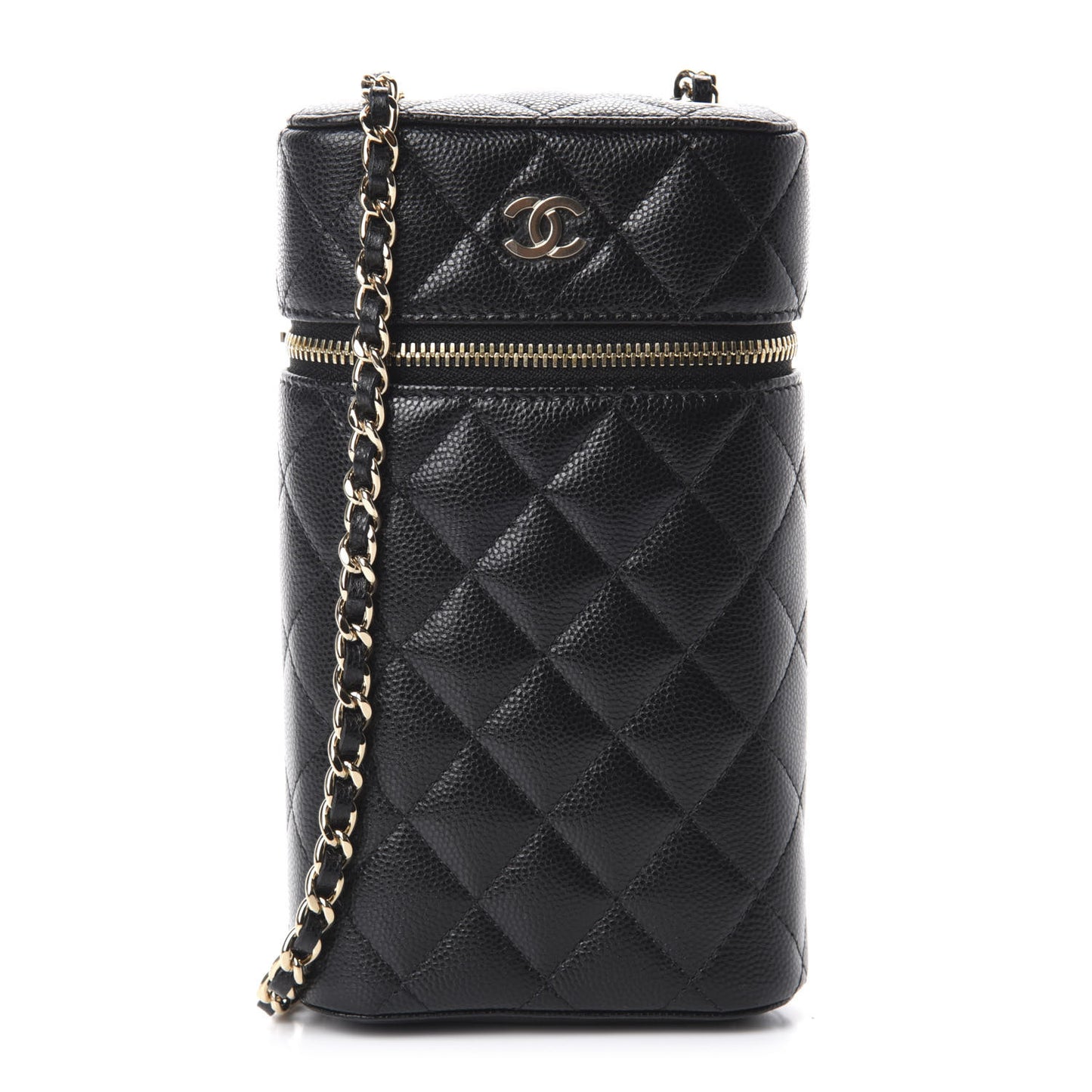 Caviar Quilted Phone Holder With Chain Black