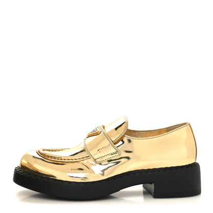 Prada Metallic Brushed Calfskin Metal Triangle Logo 50mm Loafers 41 Platino 1 of 9