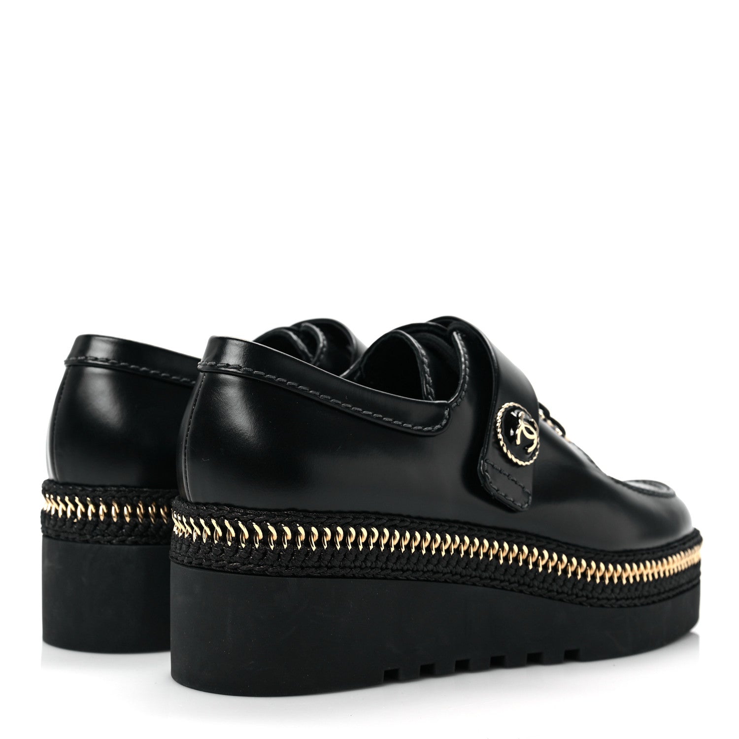 Chanel Shiny Calfskin Lace Up Platform Loafers 37 Black 4 of 8