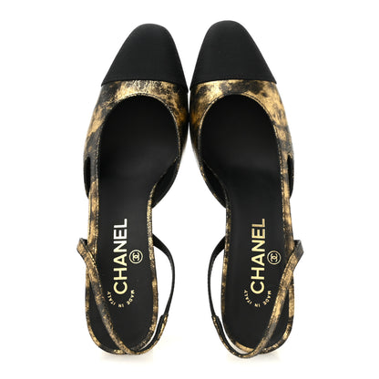 Chanel Laminated Lambskin Grosgrain Cap Toe CC Slingback Pumps 38 Gold Black 2 of 10